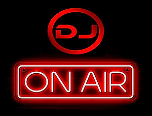 Glowing red On Air studio sign — Rocktress Radio live broadcast