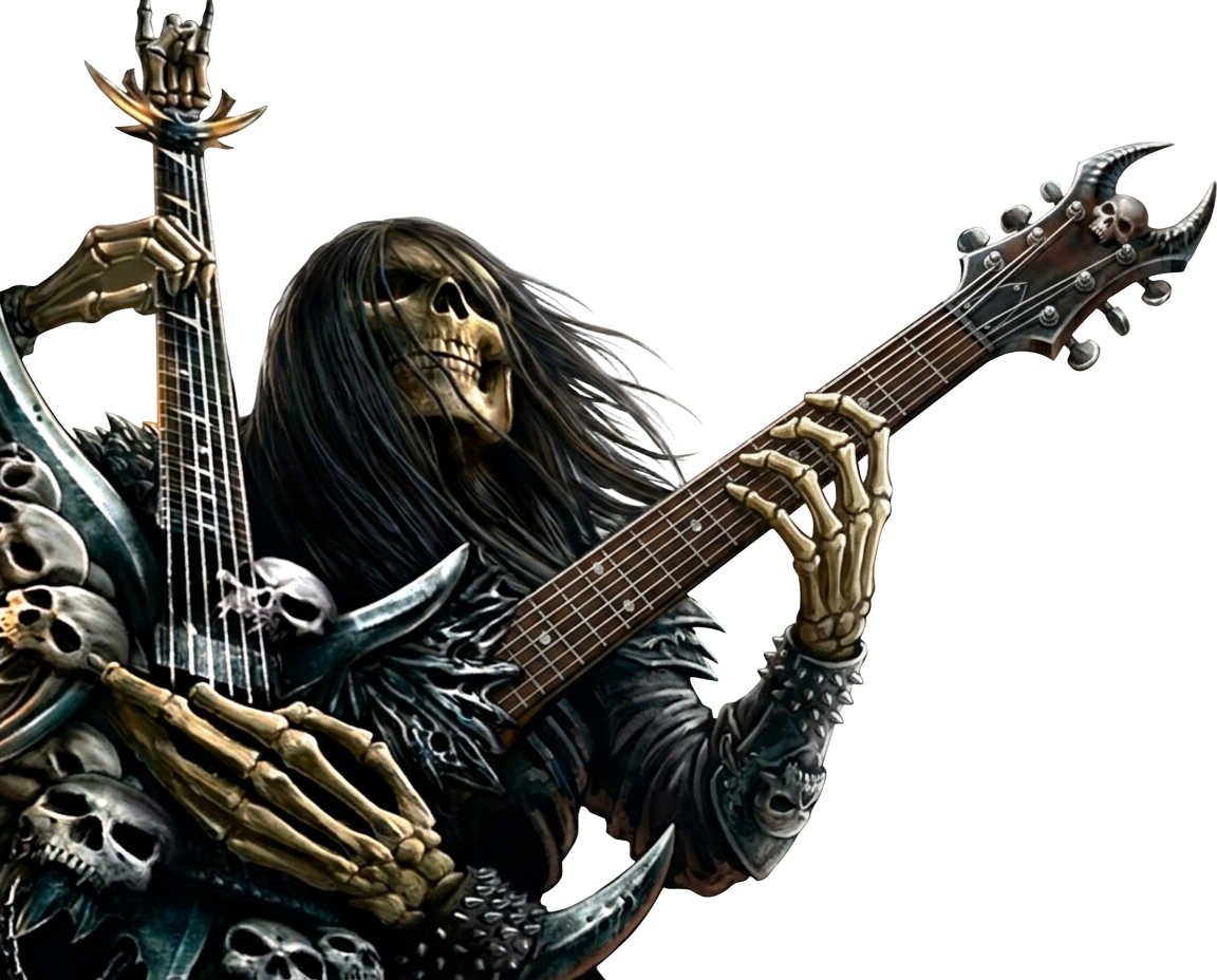 Skeleton guitarist shredding a guitar in teal flames — Rocktress Radio heavy metal mascot